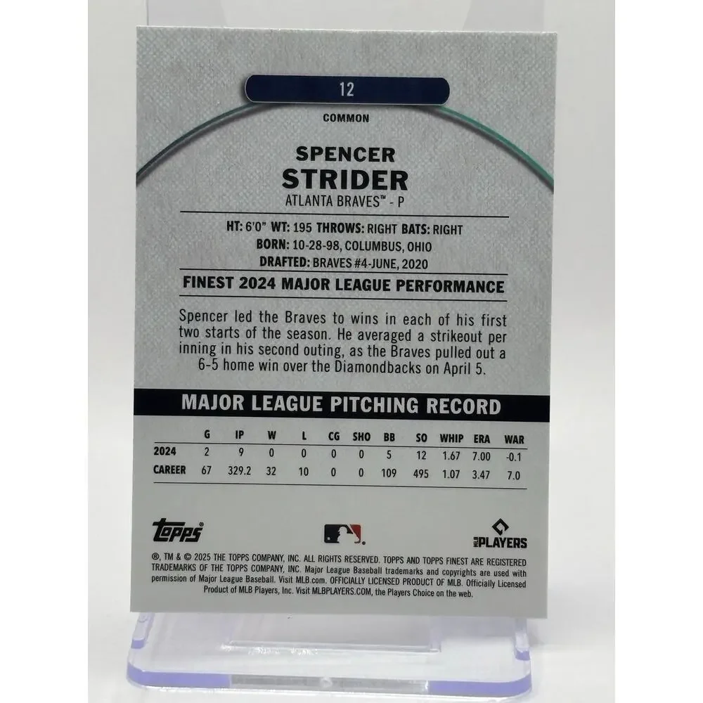 2025 Topps Finest Spencer Strider Blue Checkerboard Refractor 65/99 SP Braves - Picture 2 of 2